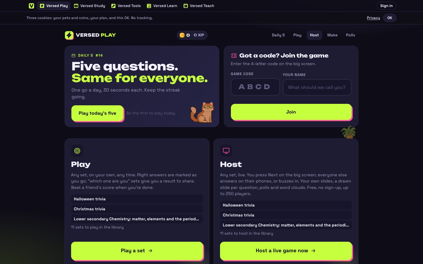 Versed Play landing page