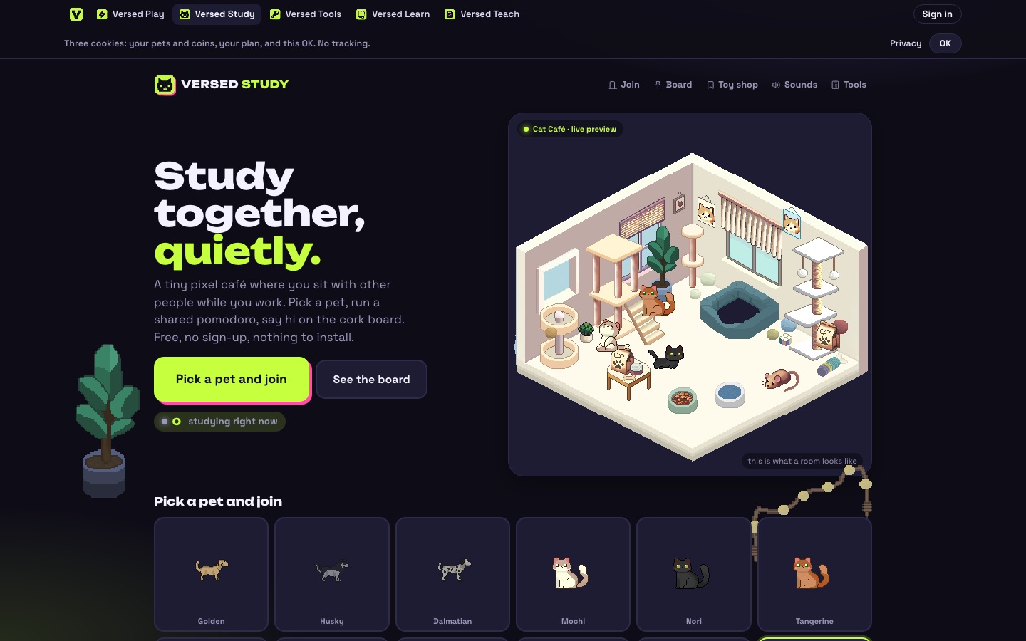 Versed Study home page showing a pixel-art cat cafe study room